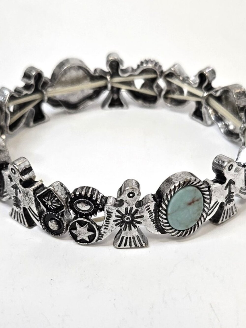 Southwestern Style Silver Tone Stretch Bracelet w/Turquois Colored Stones